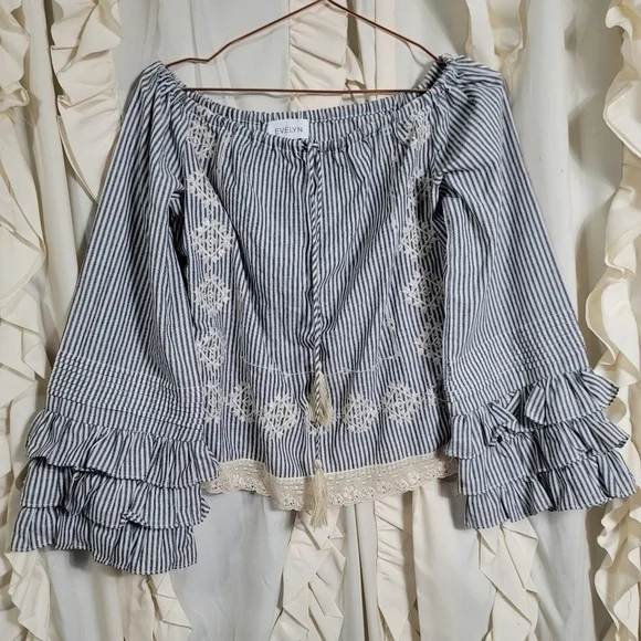 Tiered Ruffle Sleeve Top Shirt Small Cotton Lace Embroidery Striped Evelyn Boho - Picture 2 of 9